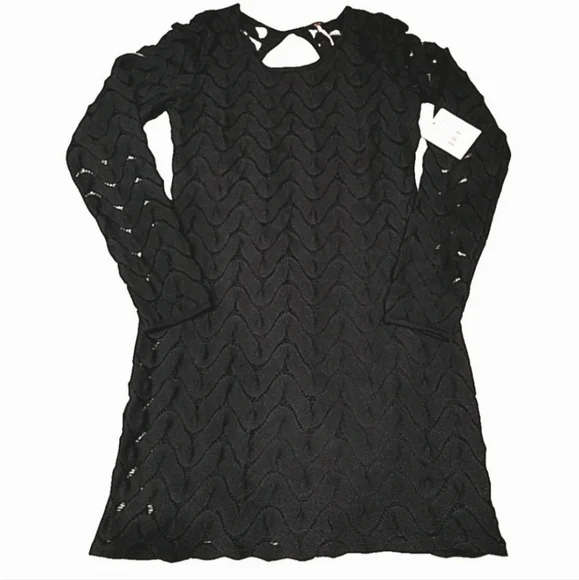 Free People Wild Thing Crochet Knit Black Mini Dress sz S Open Back Long Sleeve - Picture 3 of 15